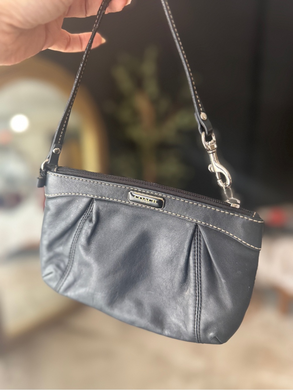 Coach Black Leather Wristlet with Silver Hardware